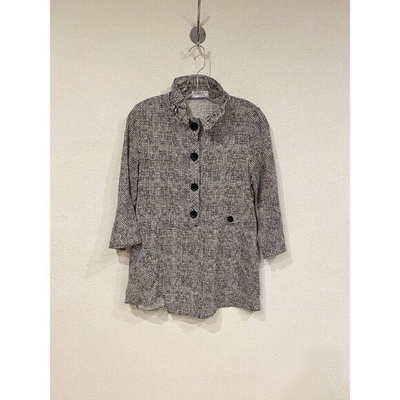 Terra Top Womens Small Black White Grid Button Front 3/4 Sleeve Cotton Rayon - Picture 2 of 6